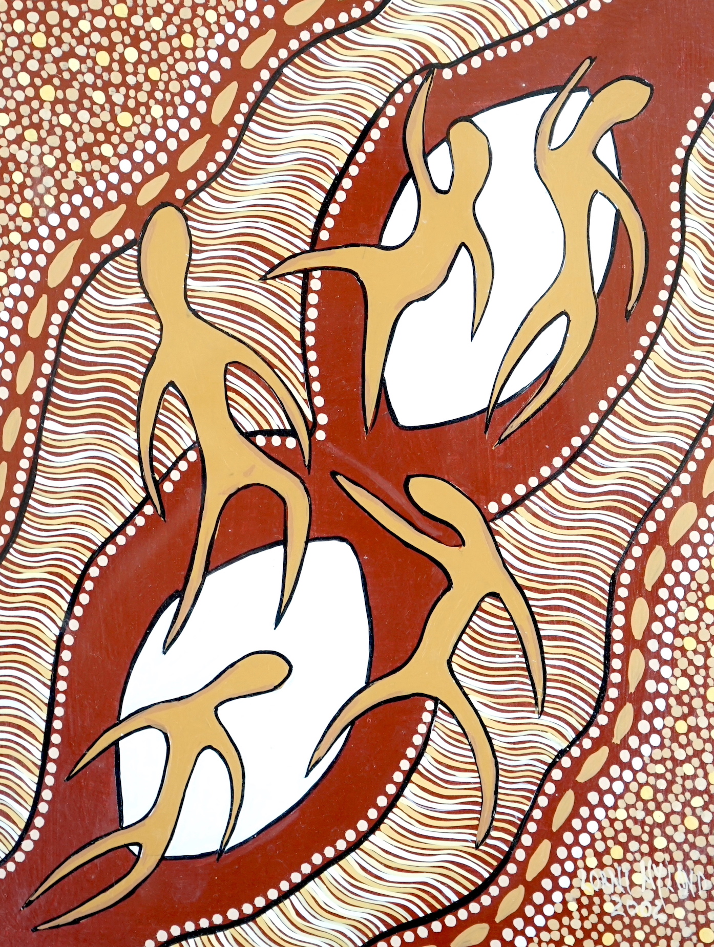 Lorni Hyland (20th. C), mixed media, Aboriginal dot painting, Five surreal figures, signed and dated 2002, 25 x 18cm